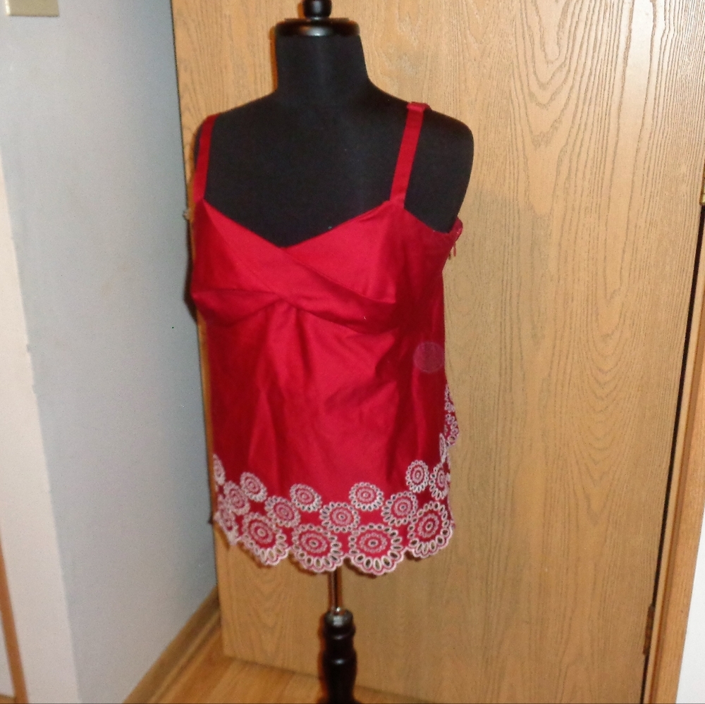 Ann Taylor Loft Dark Red Embroidered Floral Hem Top 12 New